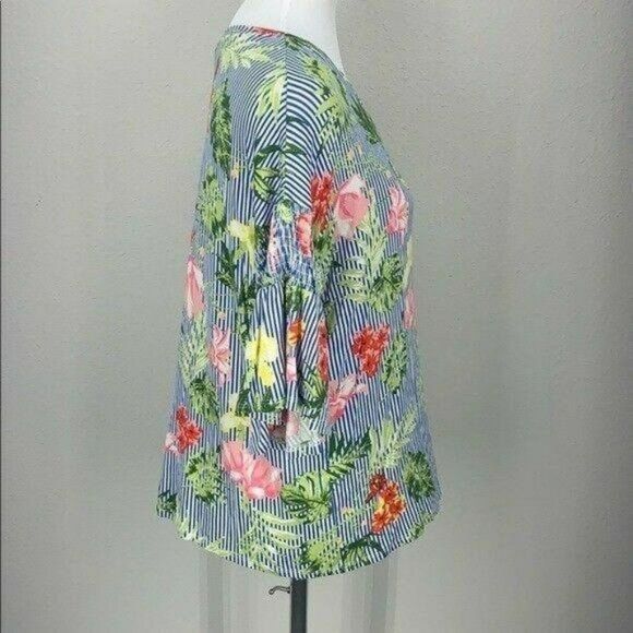 Allison Brittney Floral & Striped Blouse With Flared Sleeves Womens L‎ - Picture 2 of 9